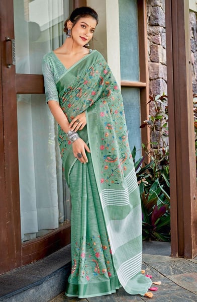 Aqua Green Kashmiri Embroidered Linen Saree