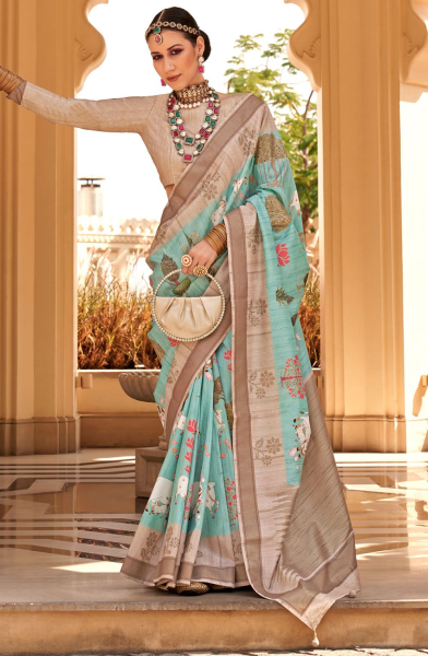 Aqua Mint Bengal Design Raw Silk Saree