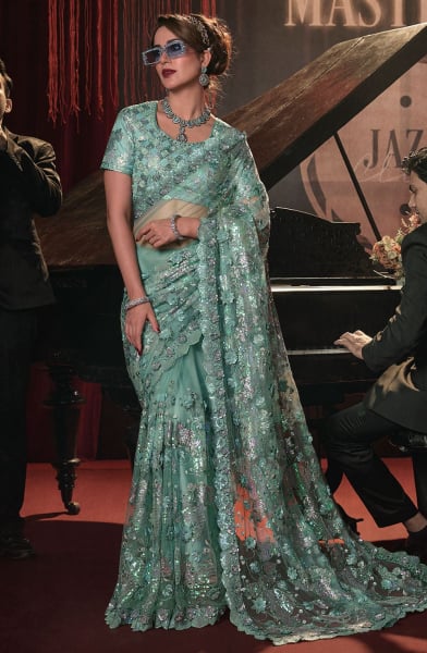 Aqua Mint Hand Embroidered Designer Saree