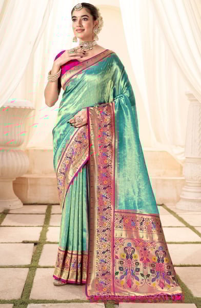 Aqua Mint Handloom Paithani Tissue Silk Saree