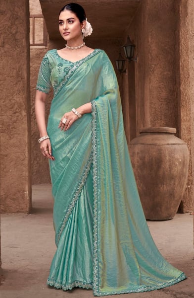 Aquamarine Embroidered Satin Silk Designer Saree