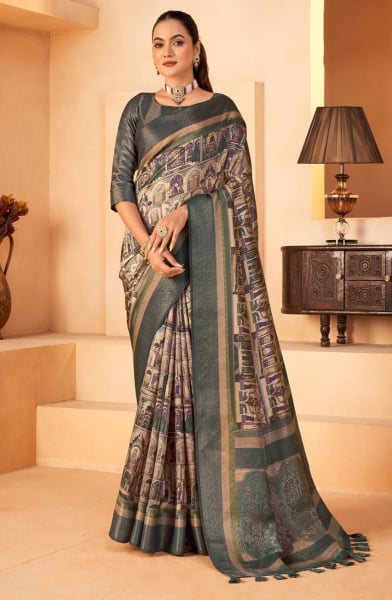Regal Grey Jacquard Silk with Jacquard Border