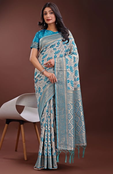 Ash Grey and Azure Blue Linen Cotton Saree