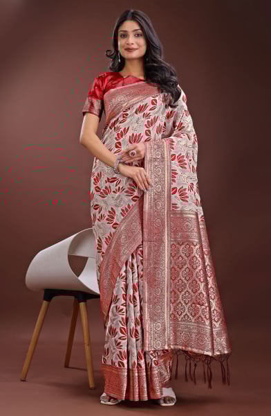 Ash Grey and Maroon Linen Cotton Saree