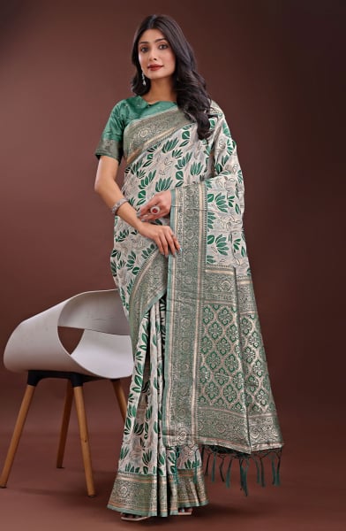 Ash Grey and Rama Green Linen Cotton Saree