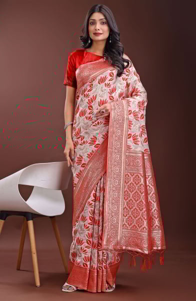 Ash Grey and Red Linen Cotton Saree