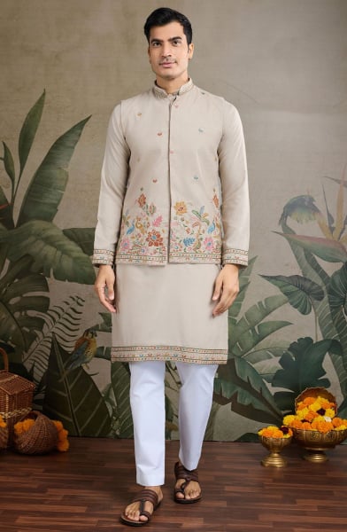 Ash Grey Cotton Kurta Set with Embroidered Jacket