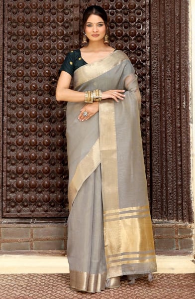 Ash Grey Cotton Saree with Zari Weaving