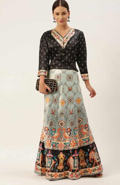 Ash Grey Digital Print Satin Silk Lehenga Choli