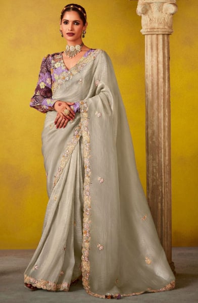 Ash Grey Embroidered Designer Saree for Wedding