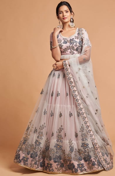 Ash Grey Embroidered Net Lehenga Choli for Wedding