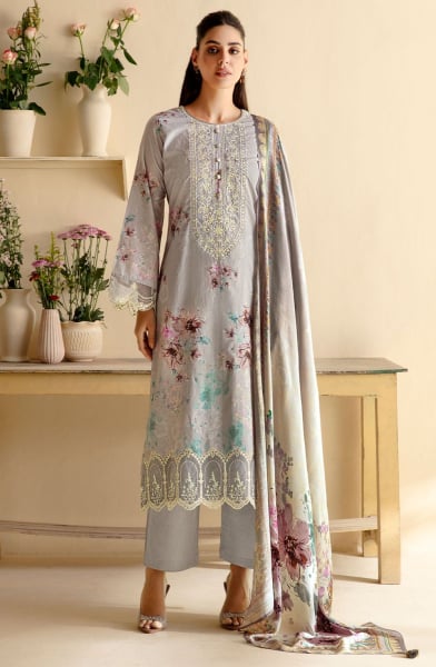 Ash Grey Embroidered Pure Lawn Plus Size Suit