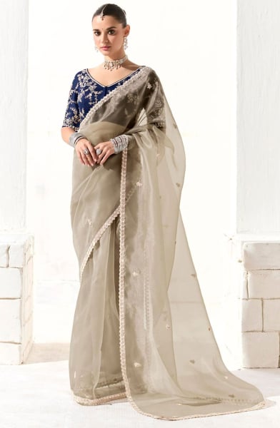 Ash Grey Embroidered Tissue Designer Saree