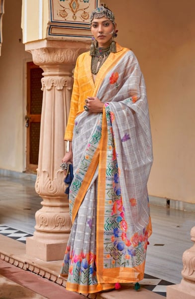 Ash Grey Floral Print Linen Kora Saree