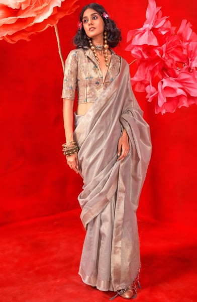 Ash Grey Handloom Weaving Tissue Silk Saree
