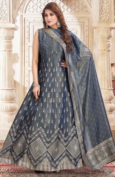 Ash Grey Jacquard Anarkali Gown with Dupatta