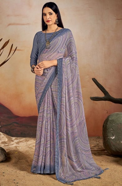 Ash Grey Printed Chiffon Casual Saree