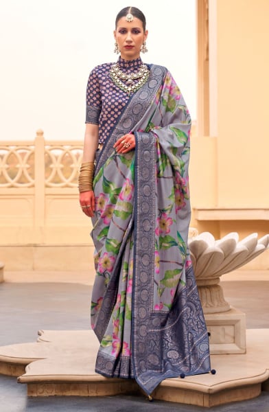Ash Grey Silk Floral Printed Saree