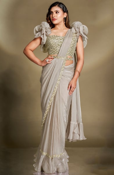Ash Grey Two Tone Satin Silk Sequins Ready to Wear Saree