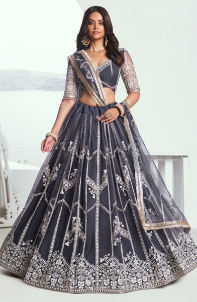 Slate Grey Embroidered Net Lehenga Choli for Wedding