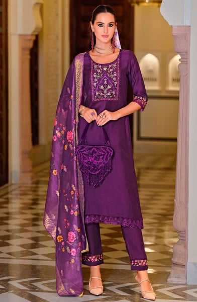 Aubergine Embroidered Viscose Readymade Suit