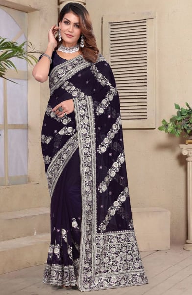 Aubergine Resham Embroidered Georgette Saree