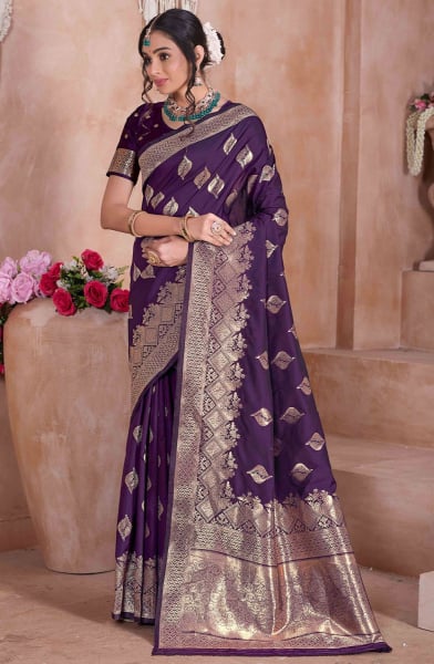 Aubergine Zari Woven Soft Silk Saree