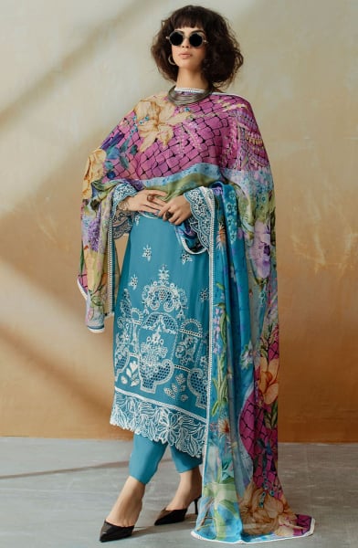 Azure Blue and Off White Pure Muslin Suit