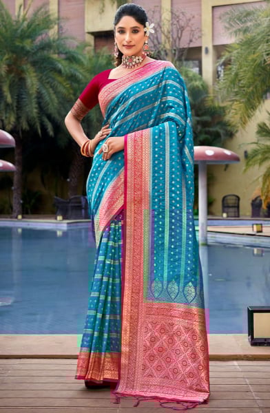 Azure Blue Banarasi Silk Woven Saree