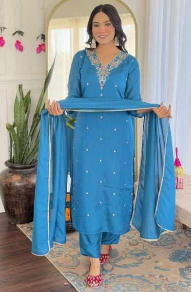 Azure Blue Embroidered Art Silk Readymade Pant Kameez