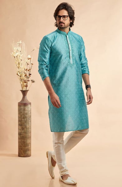 Azure Blue Embroidered Jacquard Art Silk Kurta Set