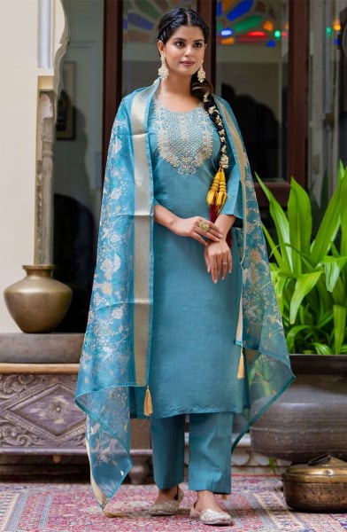Azure Blue Embroidered Silk Blend Readymade Suit