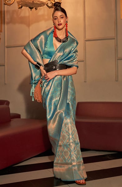Azure Blue Handloom Weaving Silk Saree