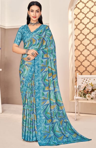 Azure Blue Printed Silk Crepe Saree