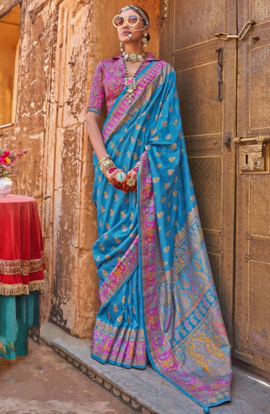 Azure Blue Printed Silk Saree for Festival