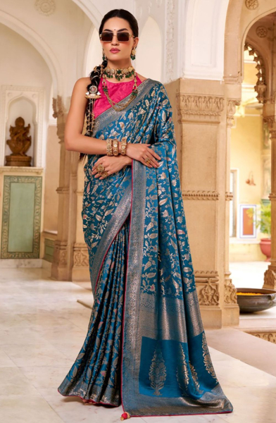 Azure Blue Satin Tissue Silk Saree for Party