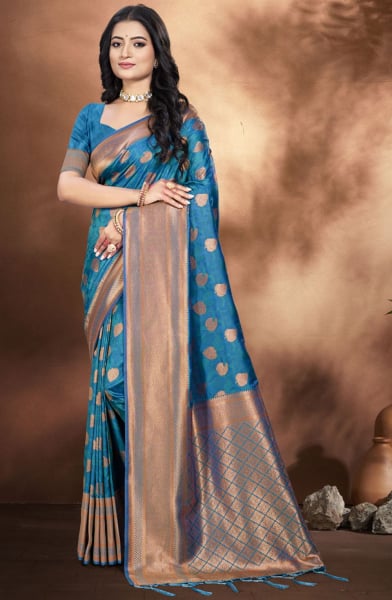 Azure Blue Silk Woven Work Saree