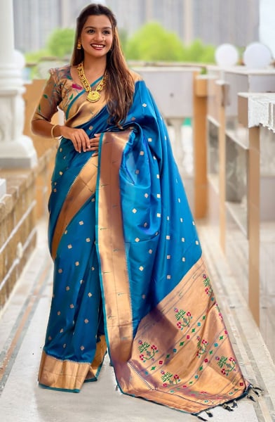Azure Blue Woven Paithani Silk Saree