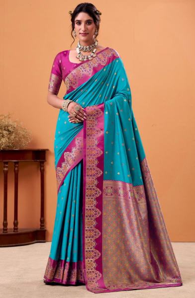 Azure Blue Woven Satin Silk Saree