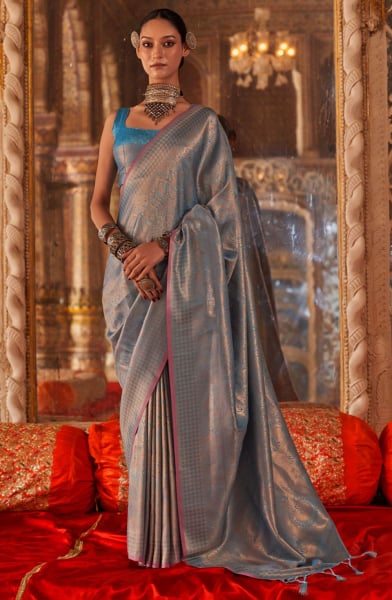 Azure Blue Zari Work Handloom Silk Saree