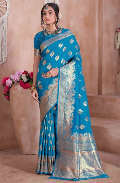 Azure Blue Zari Woven Soft Silk Saree