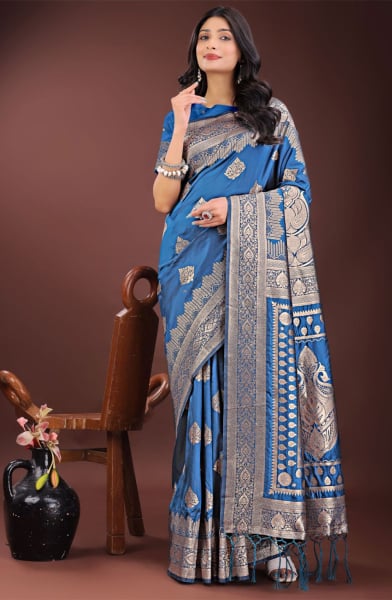 Peacock Blue Silk Woven Saree