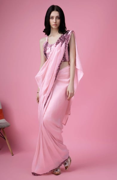 Baby Pink Silk Satin Ready to Wear Saree for Party