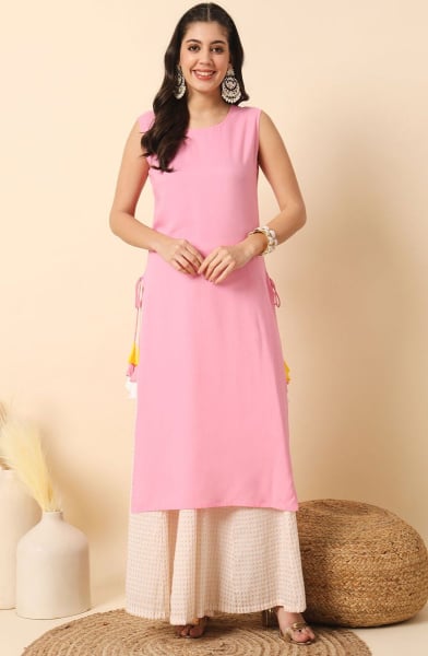 Baby Pink Solid Rayon Kurti