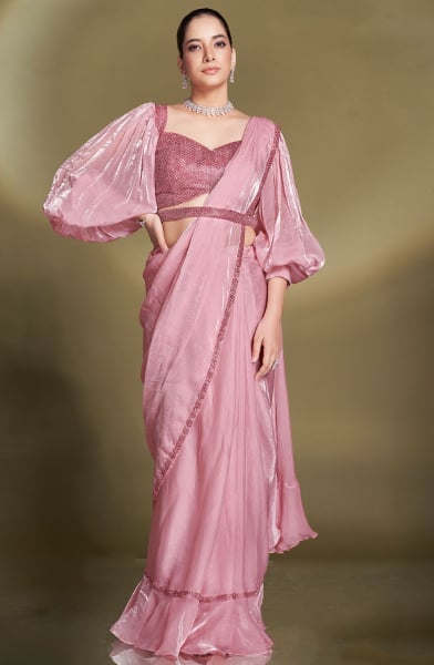 Baby Pink Two Tone Satin Silk Sequins Ready to Wear Saree