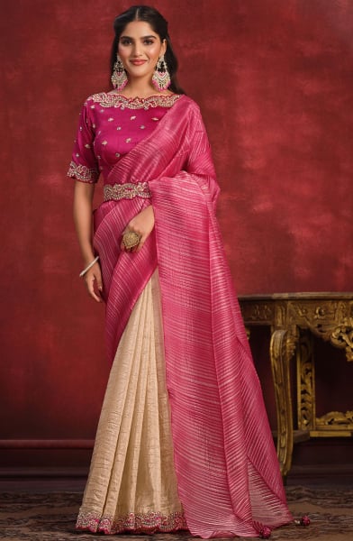 Beige and Gajari Pink Banarasi Crush Silk Designer Saree