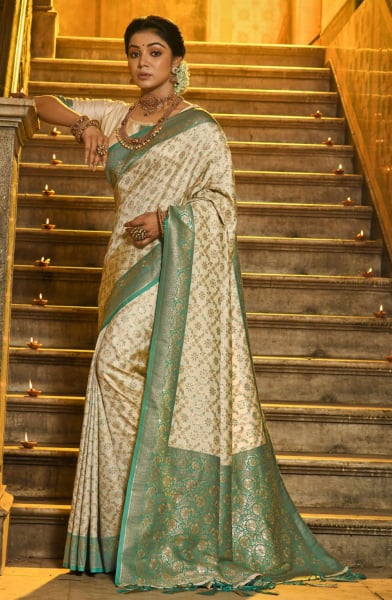 Beige and Green Banarasi Silk Woven Saree