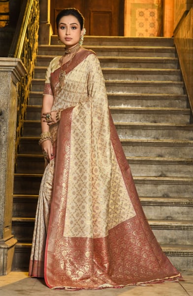 Beige and Maroon Banarasi Silk Woven Saree