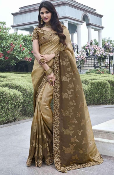 Beige and Mehendi Embroidered Viscose Silk Designer Saree