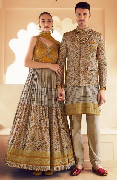 Beige and Mustard Viscose Silk Designer Combo